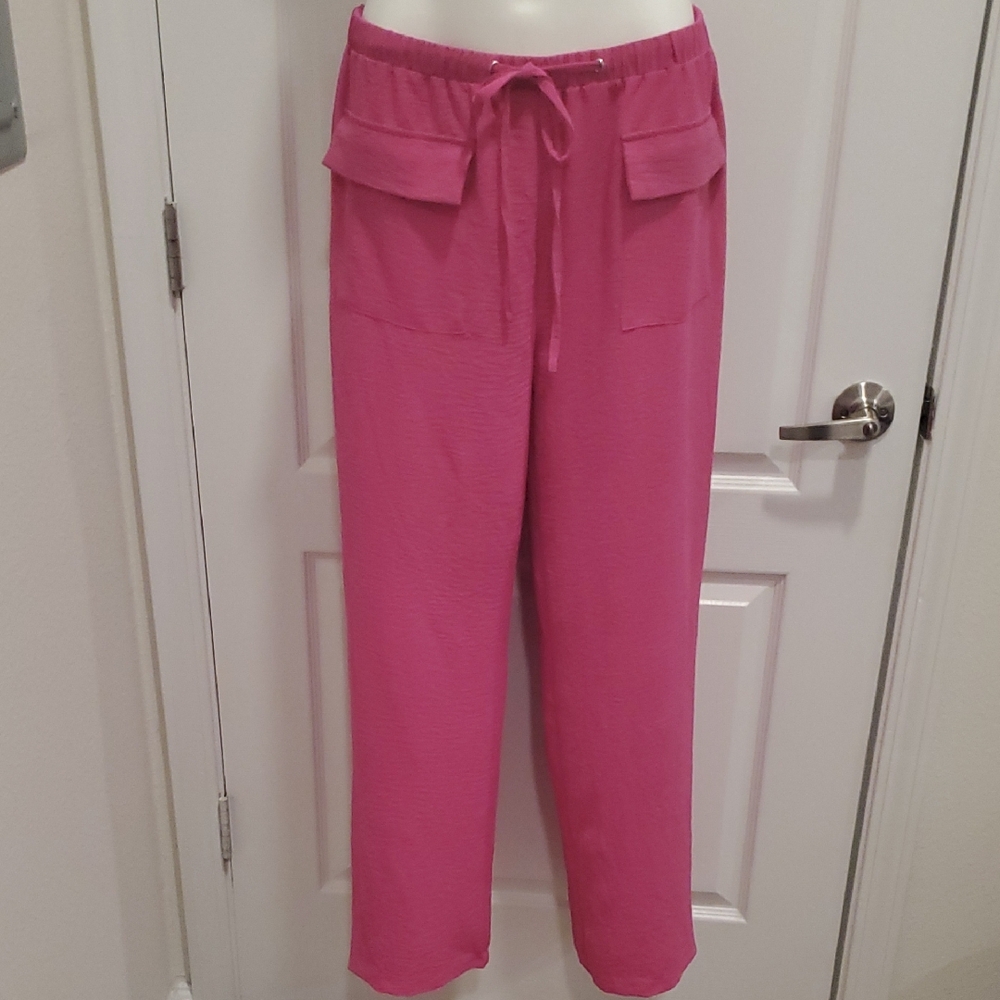 Relaxed Drawstring Wide-Leg Pants in Bright Pink